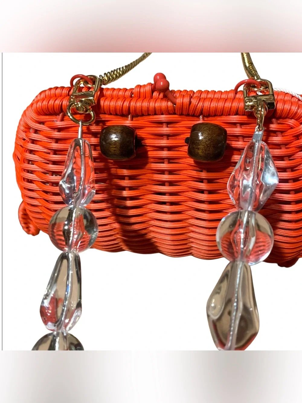 Tommy Bahama Red Crab Woven Straw Wicker Bag Gold Chain Crossbody & Clear Beads - Picture 3 of 7